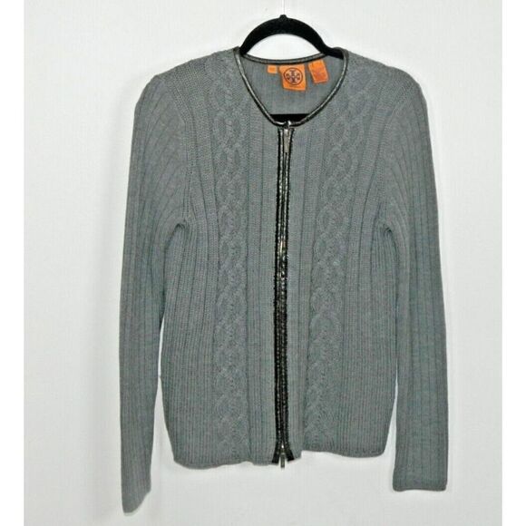 Tory Burch Sweater Cardigan Size Large Gray Wool Leather Trim Round Neck Zip Up‎ - Picture 1 of 13